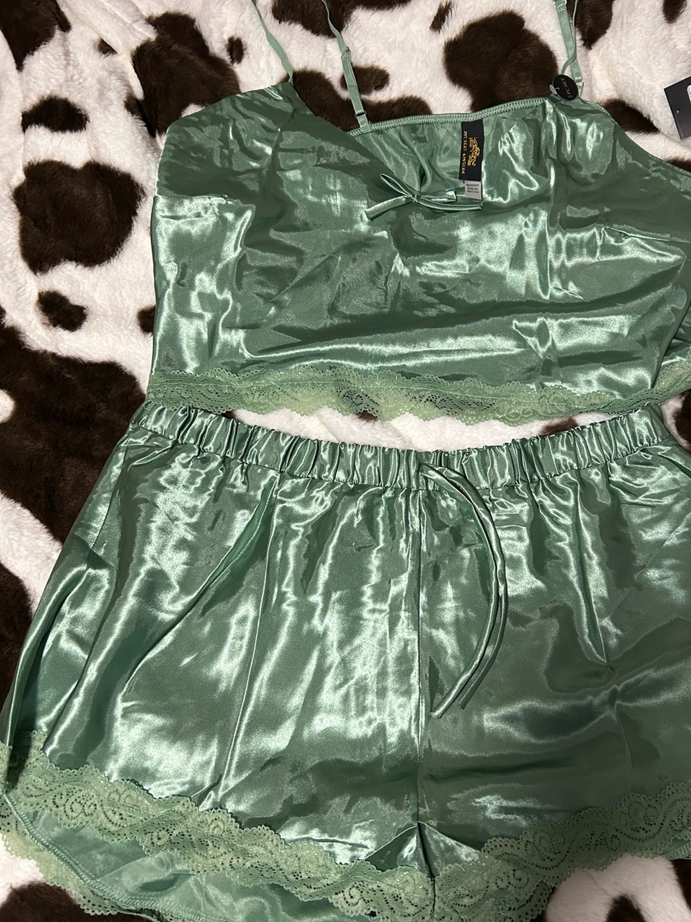 Satin Lace-Trim Cami & Short Set in Sage Green